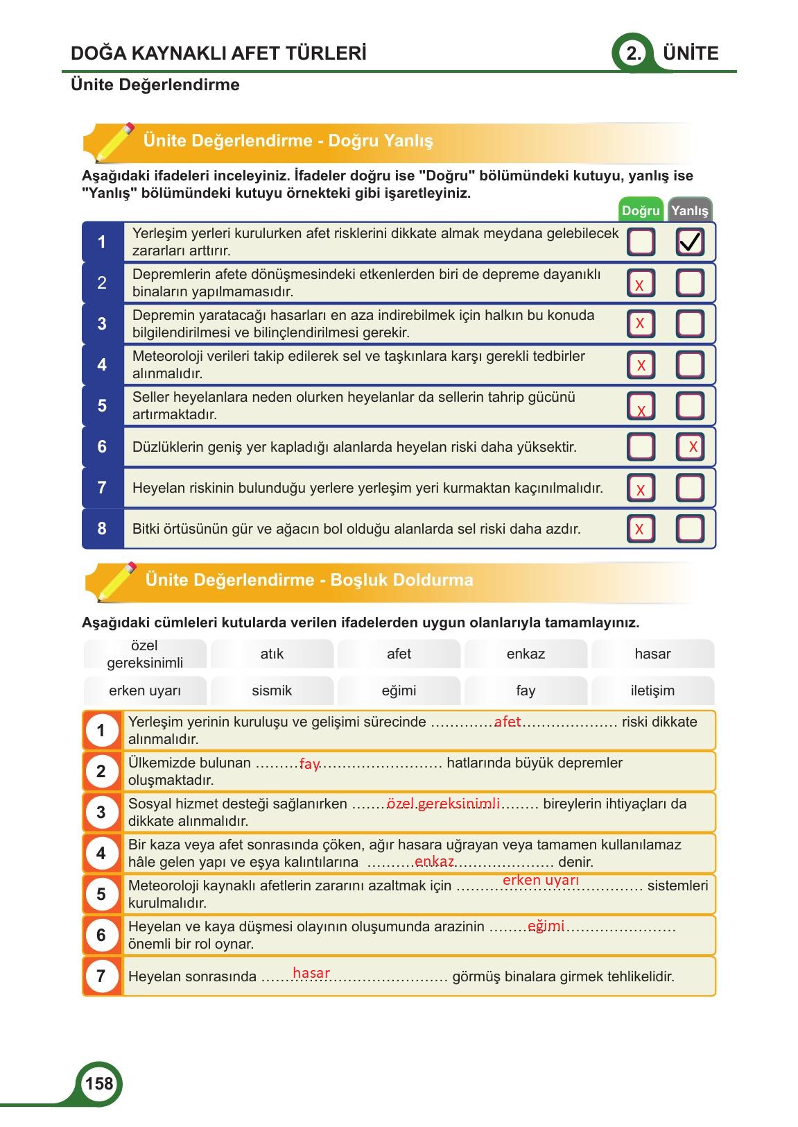 5. Sınıf Meb Yayınları Afet Bilinci Ders Kitabı Sayfa 158 Cevapları