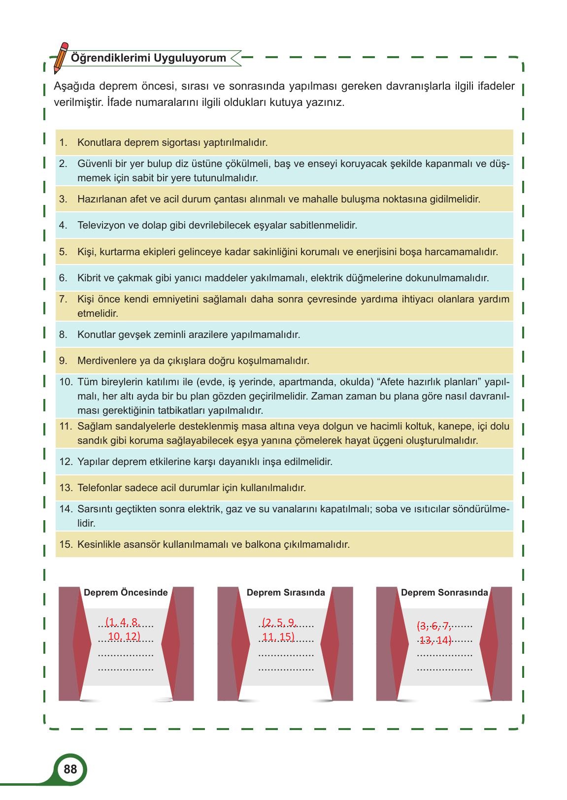 5. Sınıf Meb Yayınları Afet Bilinci Ders Kitabı Sayfa 88 Cevapları