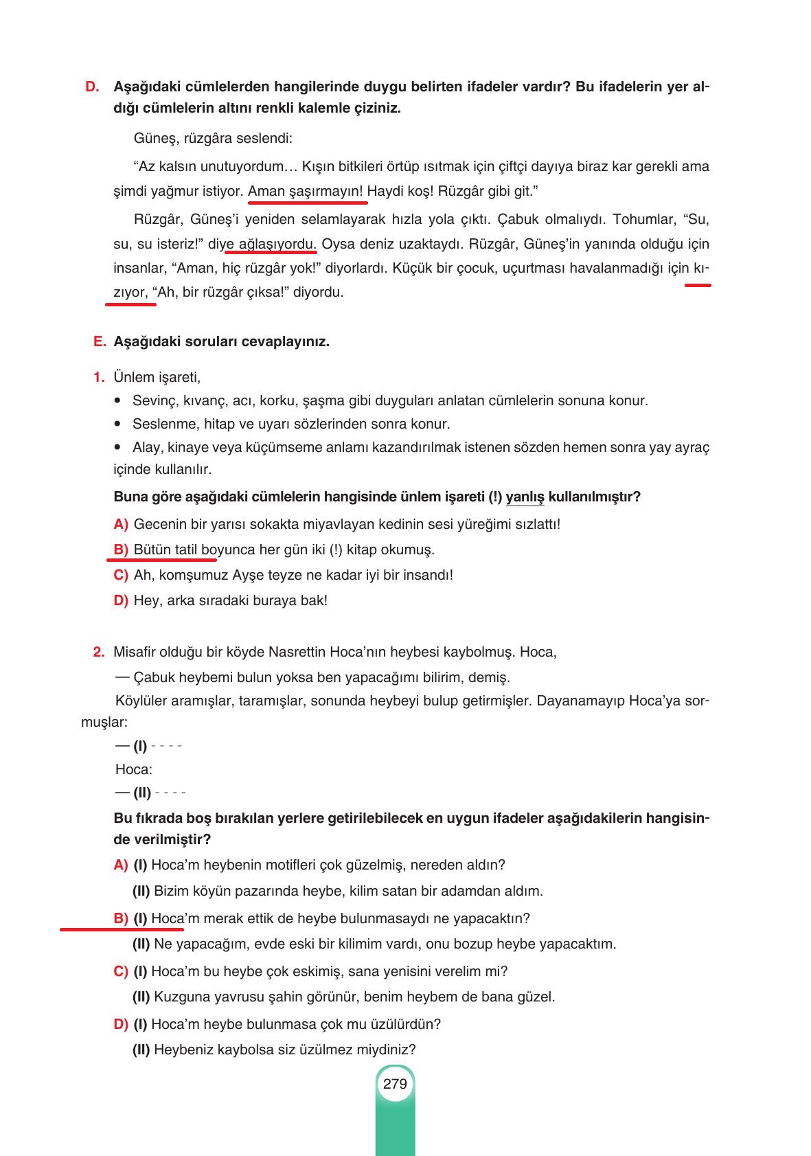 6. Sınıf Yıldırım Yayınları Türkçe Ders Kitabı Sayfa 279 Cevapları