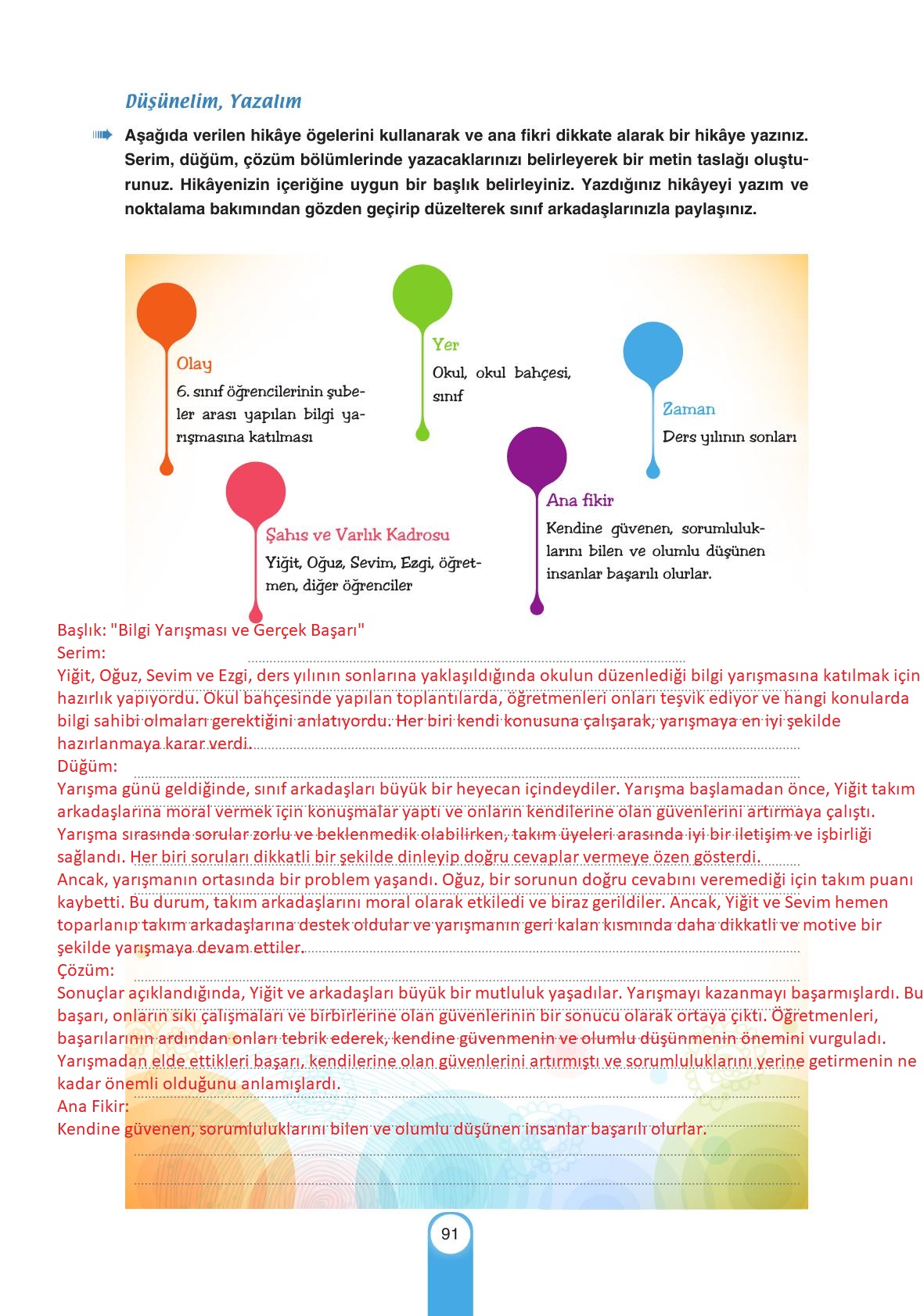 6. Sınıf Yıldırım Yayınları Türkçe Ders Kitabı Sayfa 91 Cevapları