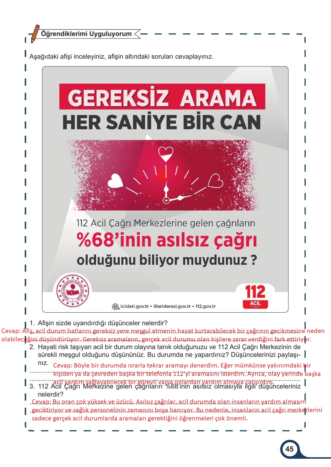 7. Sınıf Meb Yayınları Afet Bilinci Ders Kitabı Sayfa 45 Cevapları