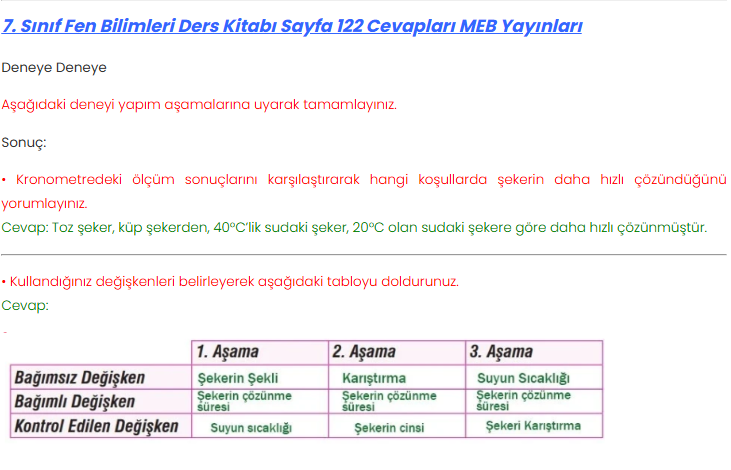 7. Sınıf Meb Yayınları Fen Bilimleri Ders Kitabı Sayfa 122 Cevapları