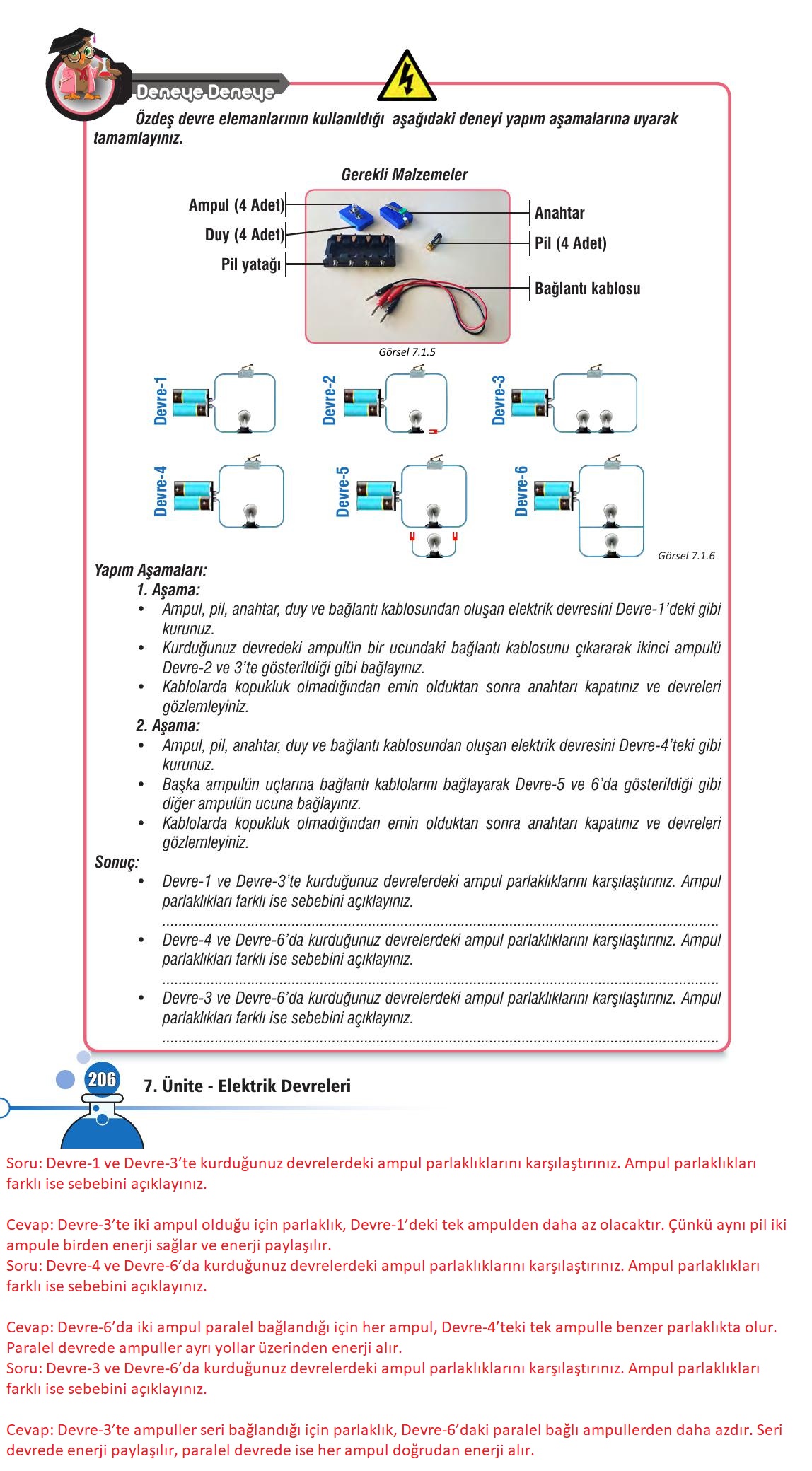 7. Sınıf Meb Yayınları Fen Bilimleri Ders Kitabı Sayfa 206 Cevapları