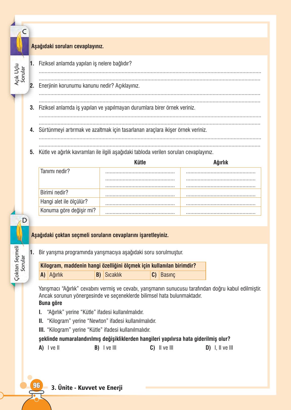 7. Sınıf Meb Yayınları Fen Bilimleri Ders Kitabı Sayfa 96 Cevapları